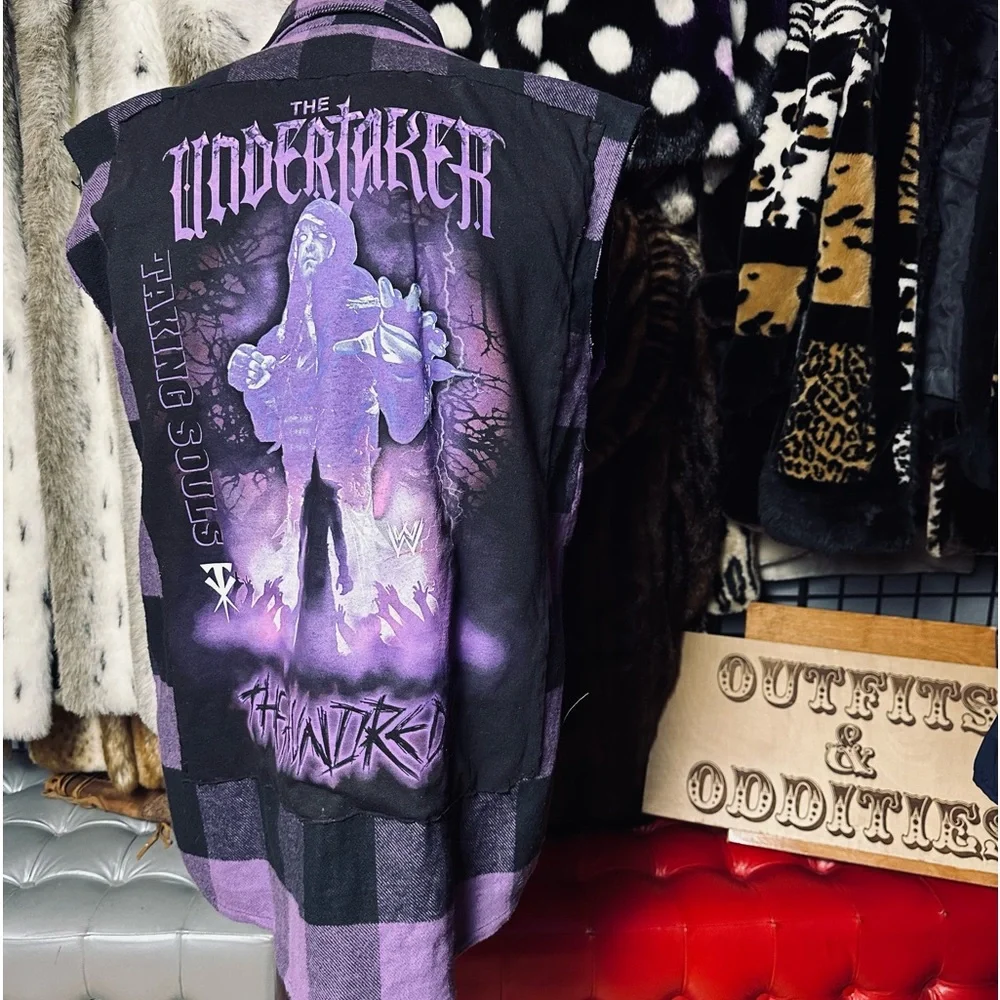 “The Undertaker” huge patch on a Rothco plaid sleeveless shirt